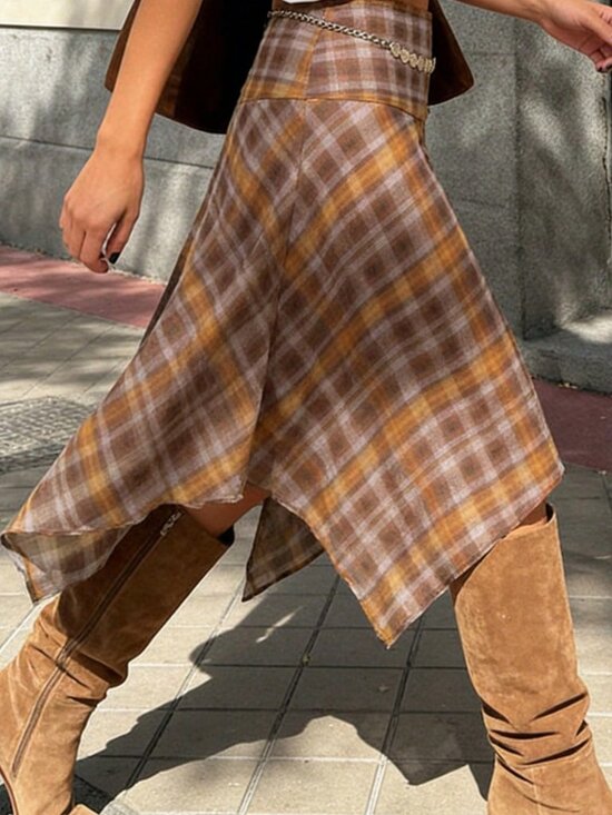 Dresses & Skirts - Multicolor Casual Women's Plaid Asymmetrical Midi Skirt